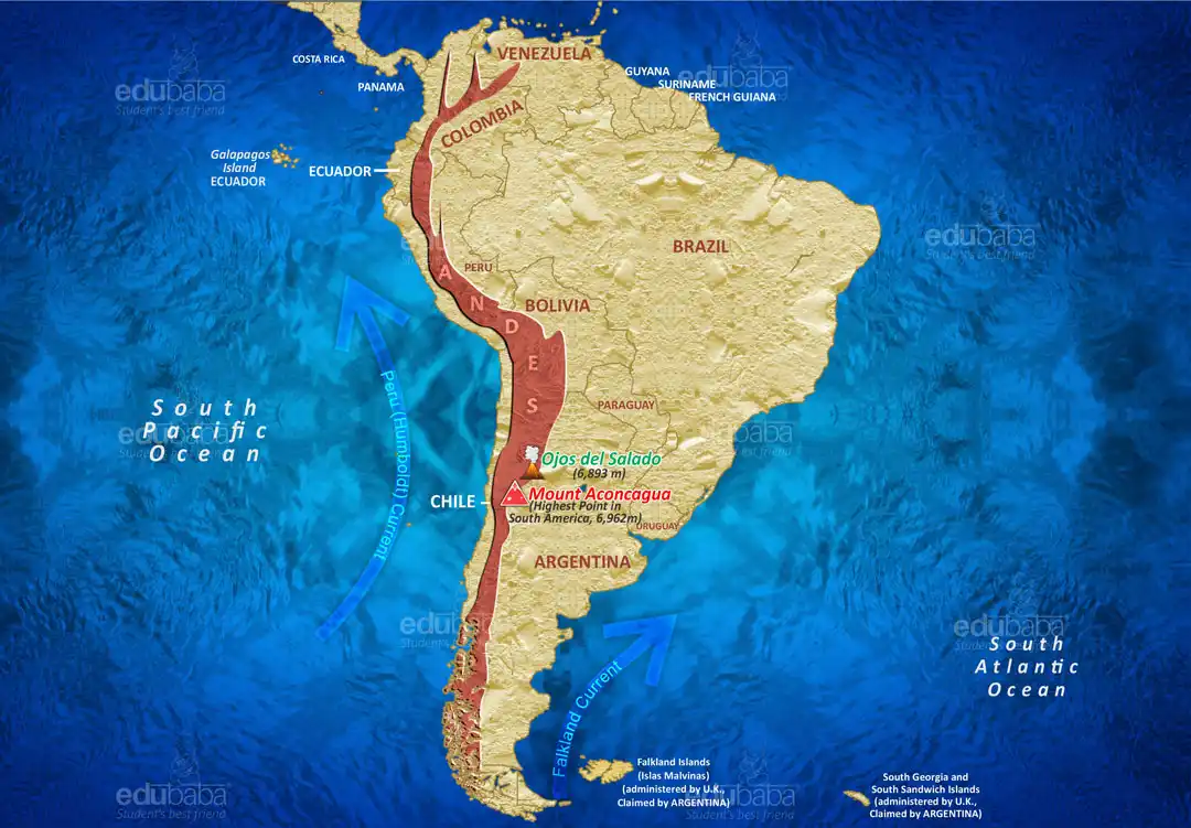 Mountain ranges of South America showing the Andes for UPSC map based questions