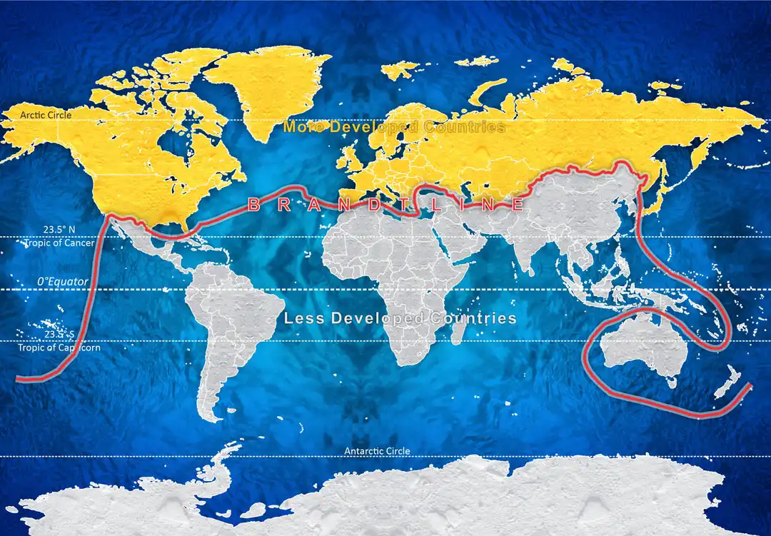 Brandt Line dividing developed and developing countries on world map for UPSC