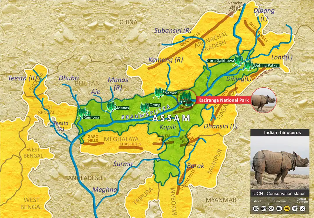 Kaziranga National Park in Assam along Brahmaputra river for UPSC