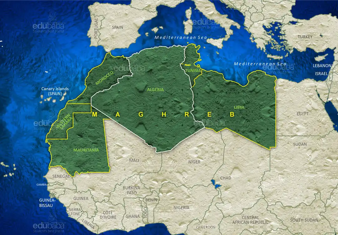 Maghreb region in North Africa including Morocco Algeria Tunisia for UPSC
