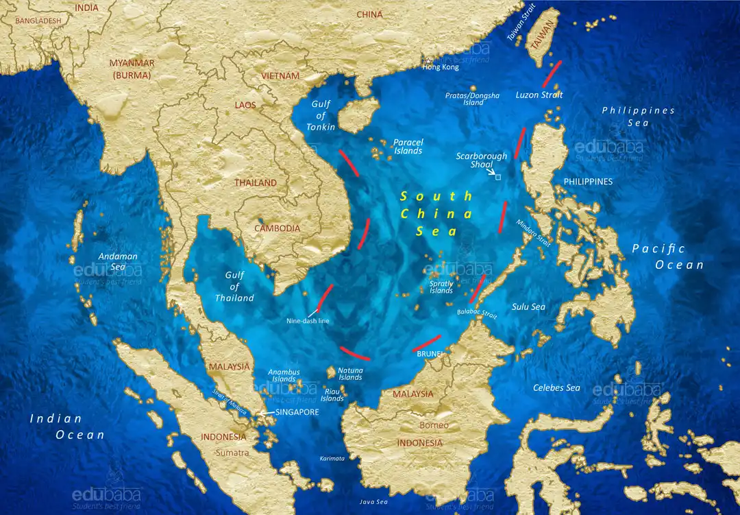 South China Sea showing nine dash line and disputed islands for UPSC