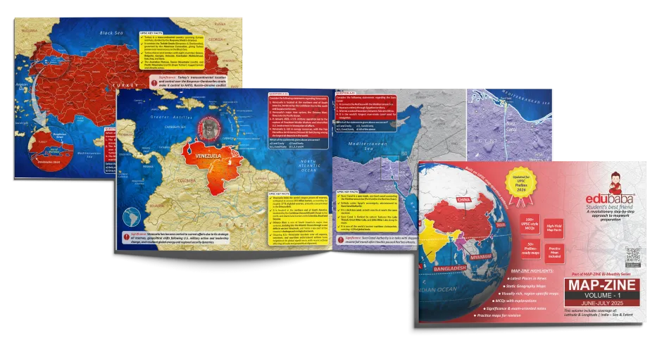 UPSC Places in News Mapzine book preview showing map based current affairs coverage for upsc